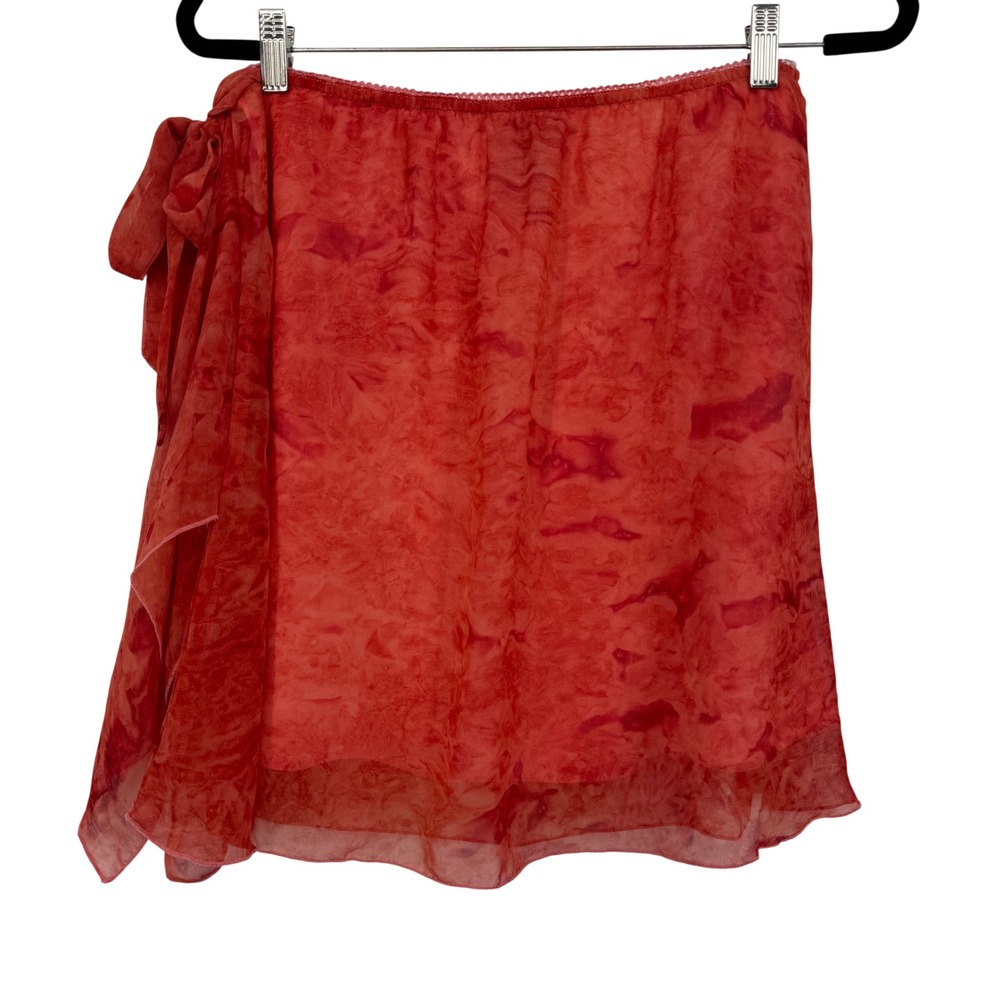 Jazzie Womens Red Marble Print Mesh Mini Skirt Side Tie Ruffle Large Fairycore
